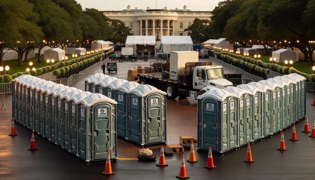 Festival porta potty bank with barricades in Vacaville, California
